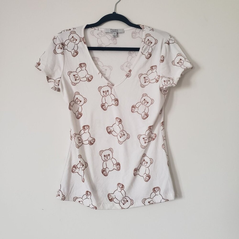 Faded Rose Womens White Teddy Bear Short Sleeve Shirt Size L V Neck Casual Relax